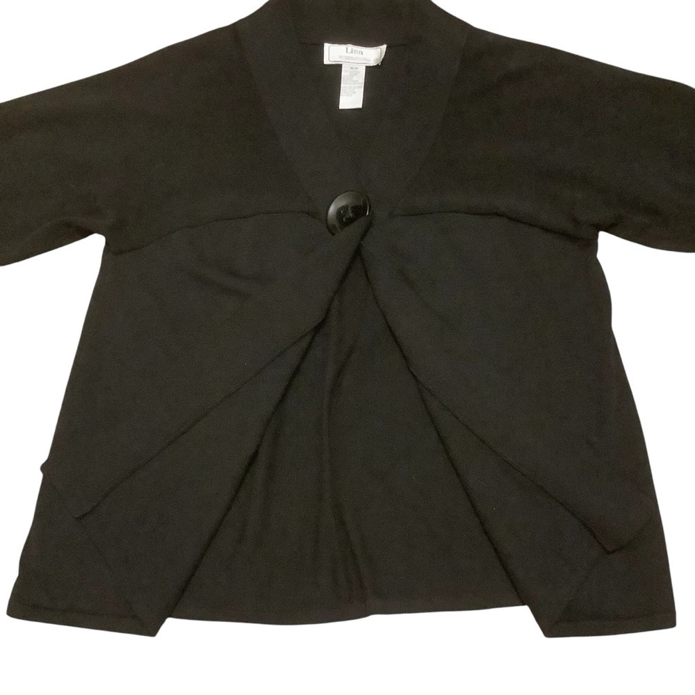 LISA INTERNATIONAL BLACK COTTON V-NECK/ 3/4 SLEEVE/ LARGE BUTTON SWEATER/ Size M - Picture 6 of 11